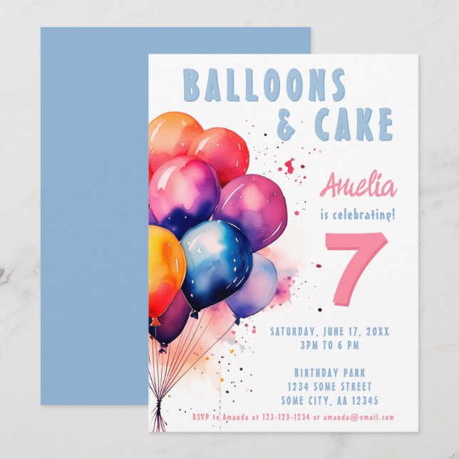 Färgglada ballonger Vattenfärg Barnkalas  Inbjudningar (Fram/baksida)