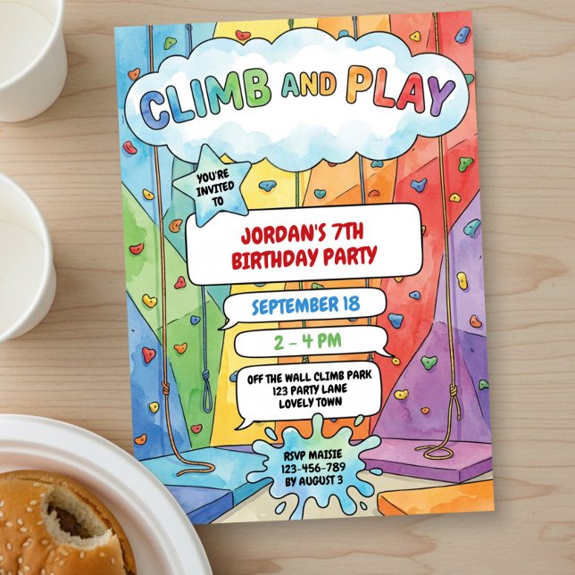 Färgglada Barn Klättrar och Leker Klippklättring Inbjudningar (Colorful kids clip and climb rock wall climbing birthday invitation by Darling & May)