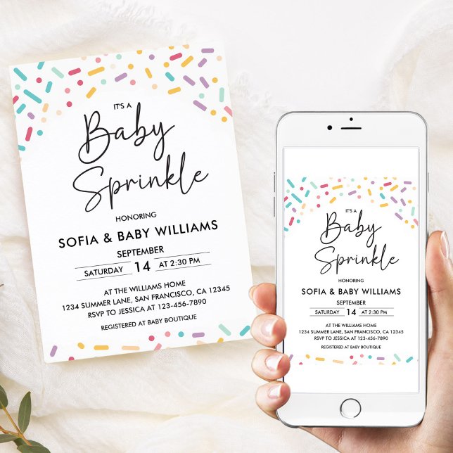 Färgglada bebisfest-inbjudningar inbjudningar (baby sprinkle invite - printed and shipped or instant download to text or email)