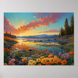Färgglada Bergsjön Blommor Konst Poster