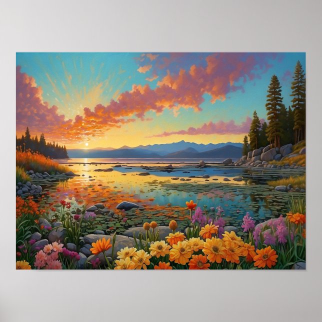 Färgglada Bergsjön Blommor Konst Poster (Framsidan)