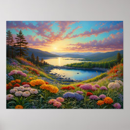 Färgglada Bergsjön Blommor Konst Poster