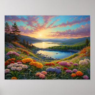 Färgglada Bergsjön Blommor Konst Poster