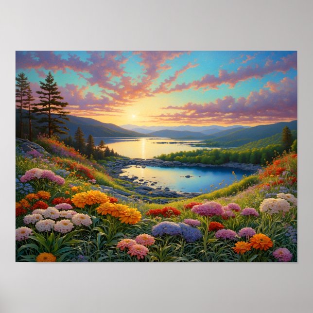 Färgglada Bergsjön Blommor Konst Poster (Framsidan)