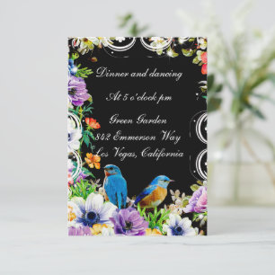 Färgglada Blå Fåglar Och Botaniska Blommiga Mottag Inbjudningar
