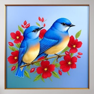 Färgglada blåfåglar sittande bland röda blommor poster
