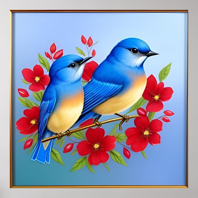 Färgglada blåfåglar sittande bland röda blommor poster (Framsidan)