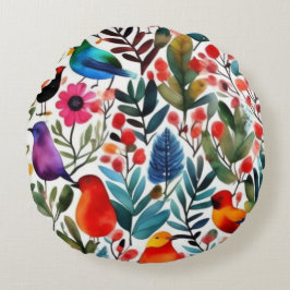 Färgglada blomfåglar rund kudde