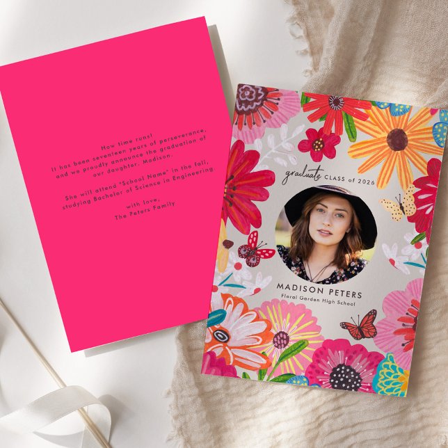 Färgglada Blommiga Fotografi Examensannonser Inbjudningar (Colorful Floral Photo Graduation Announcements)