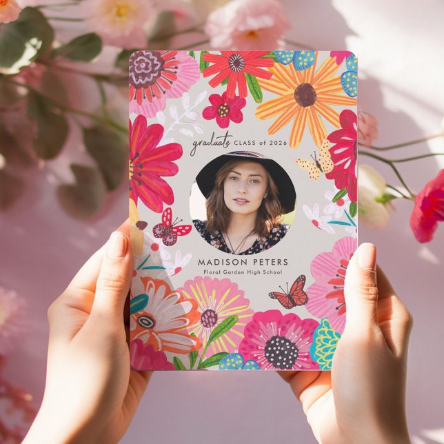 Färgglada Blommiga Fotografiska Examenhälsningar Inbjudningar (Colorful Floral Photo Graduation Announcements)