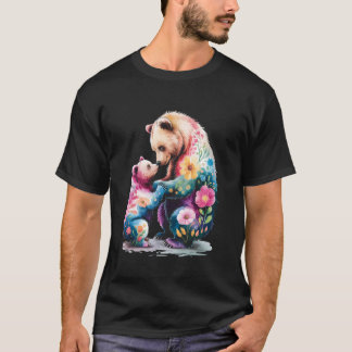 Färgglada Blommiga Mamma Björn Unge Akvarell Mors T Shirt