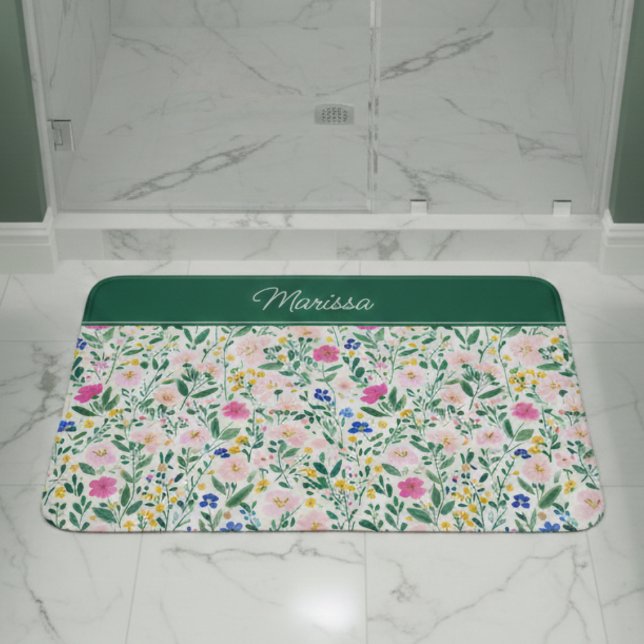 Färgglada Blommiga Personliga  Badrumsmatta (elegant colorful floral wildflower personalized bath mat with monogram name in script)
