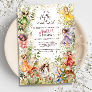 Färgglada blommiga pixieälvor & svamp födelsedag inbjudningar
