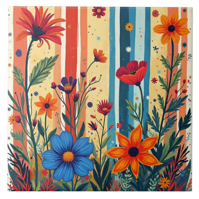 Färgglada blommiga randiga design kakelplatta (Framsidan)