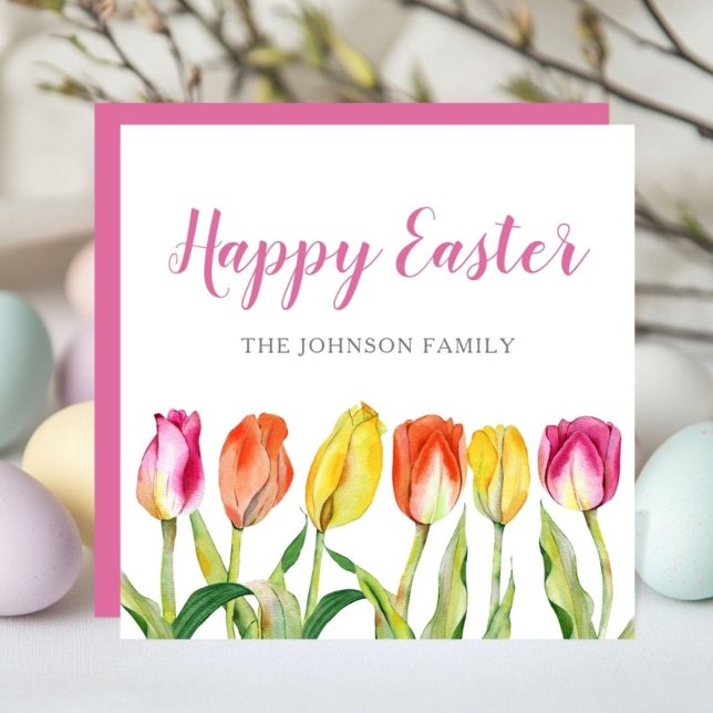 Färgglada Blommiga Tulpaner Glad Påsk Julkort (Colorful Floral Tulips Happy Easter Holiday Card)