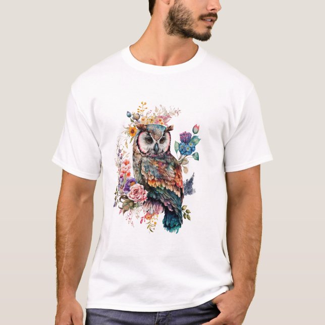 Färgglada blommiga uggla t-shirt (Framsida)