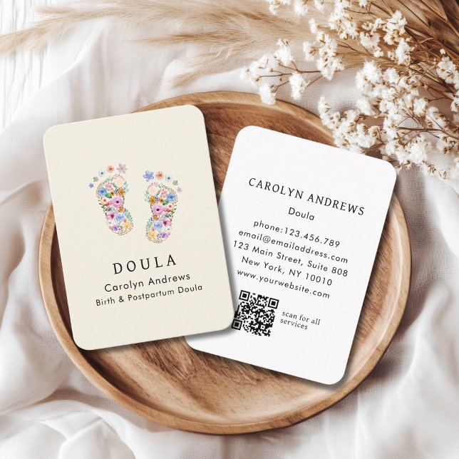 Färgglada blommor baby fotavtryck logotyp QR-kod B Visitkort (Colorful Flower Baby Footprint Logo QR Code Beige Business Card)