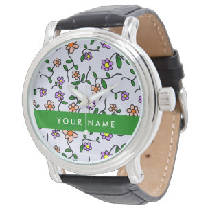 Färgglada blommor, blå bakgrund, grön armbandsur