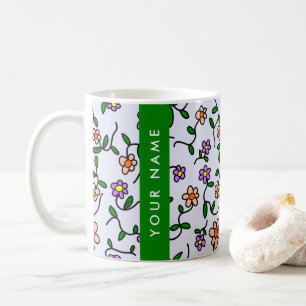 Färgglada blommor, blå bakgrund, grön kaffemugg
