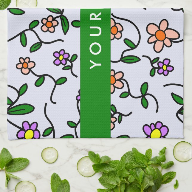Färgglada blommor, blå bakgrund, grön kökshandduk (Vikta)