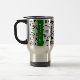Färgglada blommor, blå bakgrund, grön resemugg