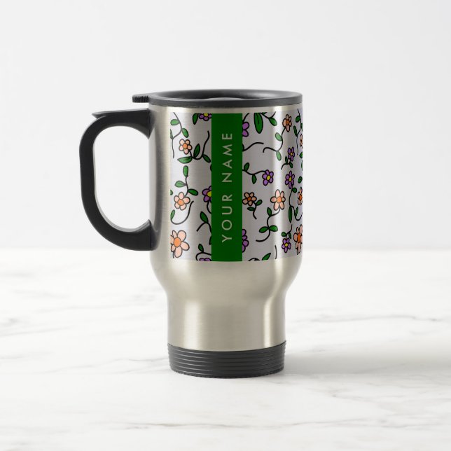 Färgglada blommor, blå bakgrund, grön resemugg (Vänster)