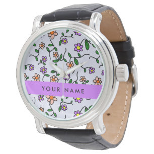 Färgglada blommor, blå bakgrund, lila armbandsur