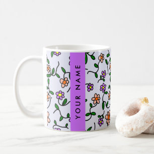 Färgglada blommor, blå bakgrund, lila kaffemugg