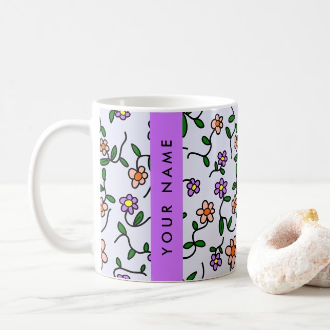 Färgglada blommor, blå bakgrund, lila kaffemugg (Med munk)