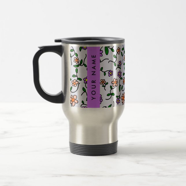 Färgglada blommor, blå bakgrund, lila resemugg (Vänster)