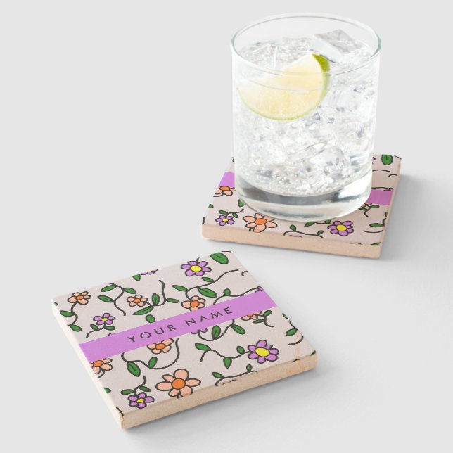 Färgglada blommor, blå bakgrund, lila stenunderlägg (Sidan)