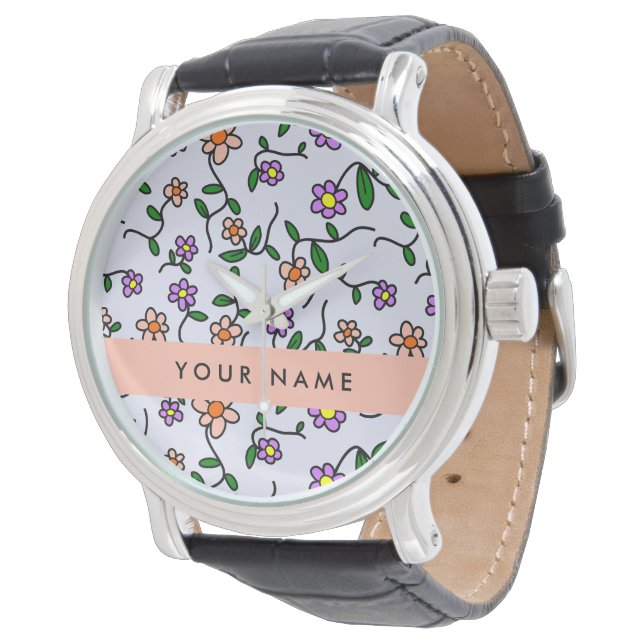Färgglada blommor, blå bakgrund, orange armbandsur (Vinklad)