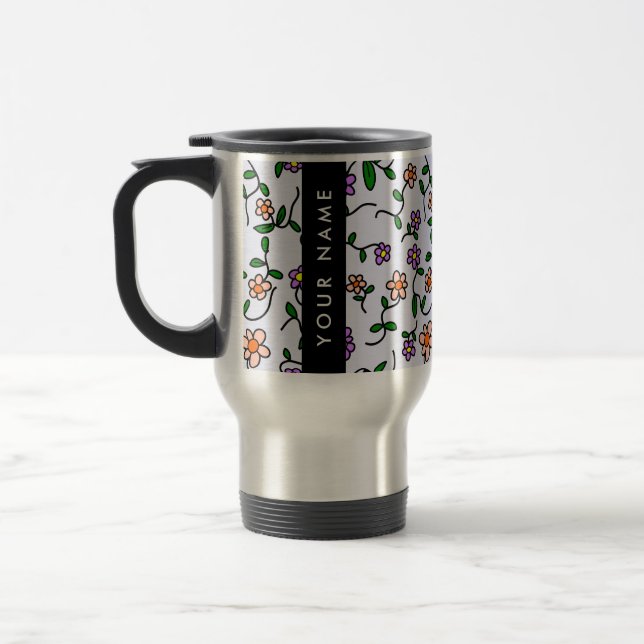 Färgglada blommor, blå bakgrund, svart resemugg (Vänster)