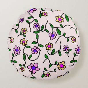 Färgglada blommor, blommönster, grönska, Boho Rund Kudde
