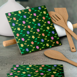 Färgglada blommor, blomster mönster, grönska, Boho Kakelplatta