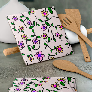 Färgglada blommor, blomster Mönster, Grönska, Boho Kakelplatta