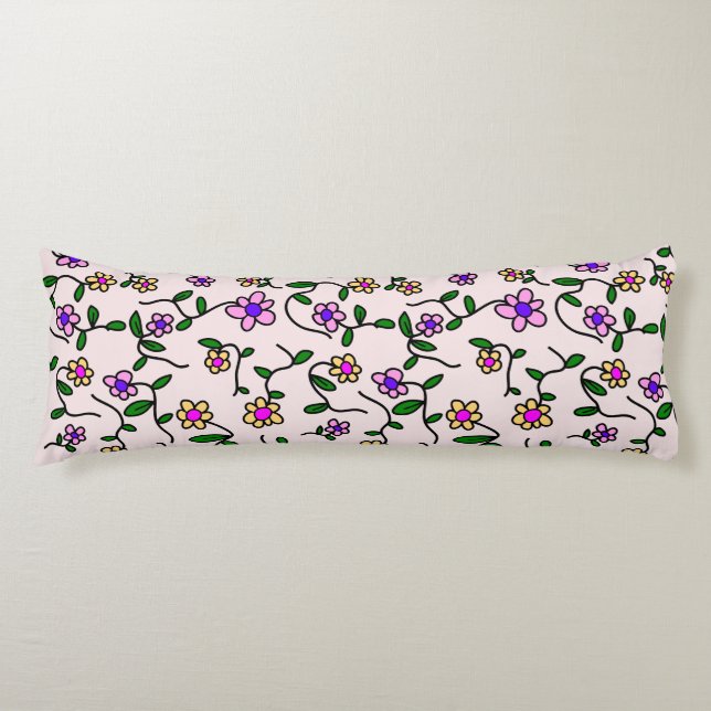 Färgglada blommor, blomster mönster, grönska, Boho Kroppskudde (Framsidan)