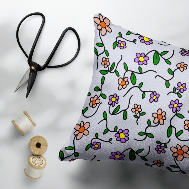 Färgglada blommor, blomster mönster, grönska, Boho Prydnadskudde (Skapare uppladdad)