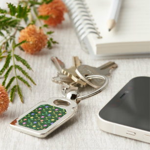 Färgglada blommor, blomsterdekor, grönska, Boho Rektangulärt Silverfärgad Nyckelring