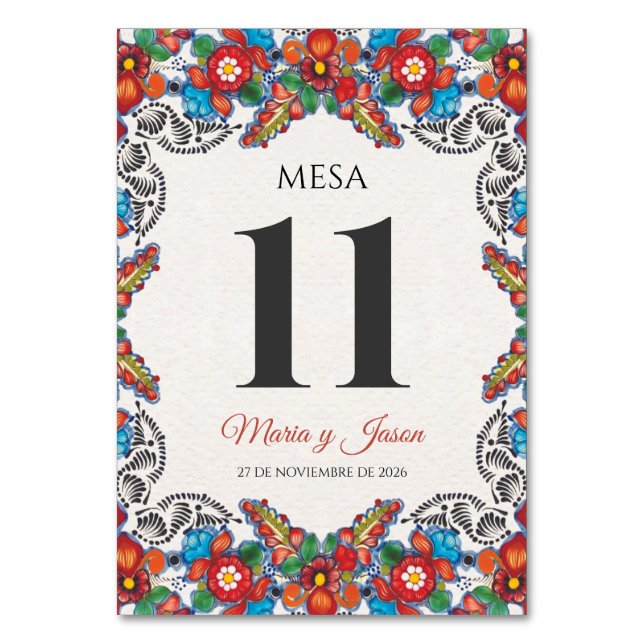 Färgglada blommor botanisk spansk bröllopsfirande bordsnummer (Framsidan)