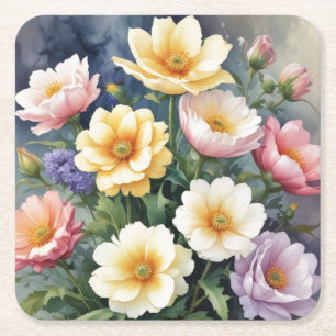 Färgglada blommor Elegant akvarellmålning Underlägg Papper Kvadrat
