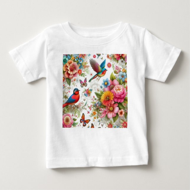 Färgglada blommor Fåglar Fjärilar Mall T Shirt (Framsida)