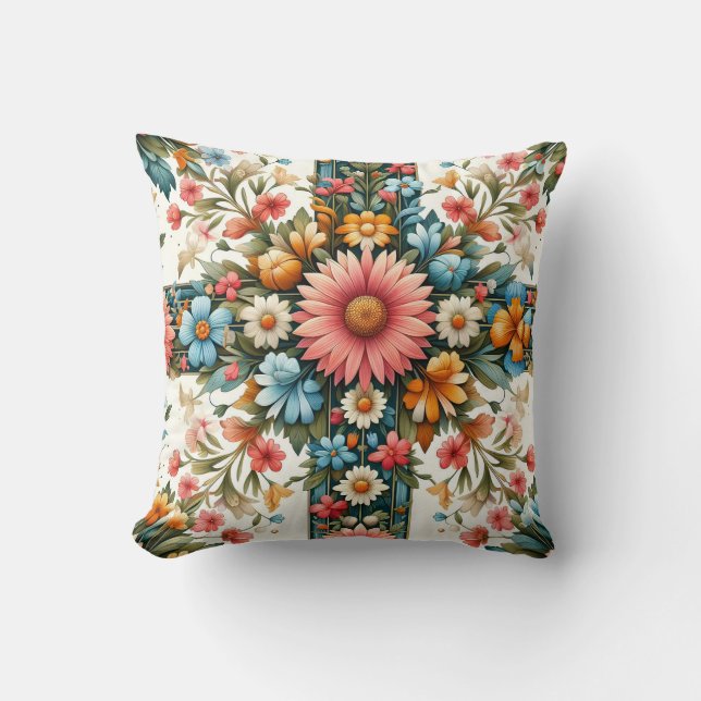 Färgglada blommor Folk Art Kudd - Boho Blommig Kud Kudde (Framsida)