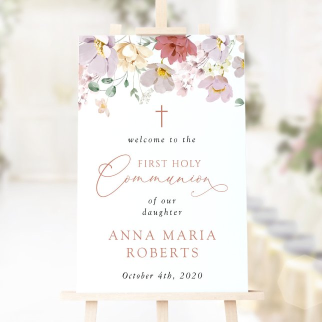 Färgglada blommor, första heliga kommunion välkomm poster (Skapare uppladdad)