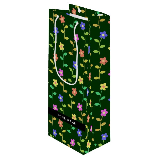 Färgglada blommor, grön bakgrund, svart (Framsidan Vinklad)