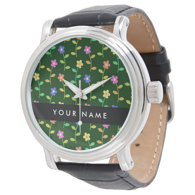 Färgglada blommor, grön bakgrund, svart armbandsur (Vinklad)