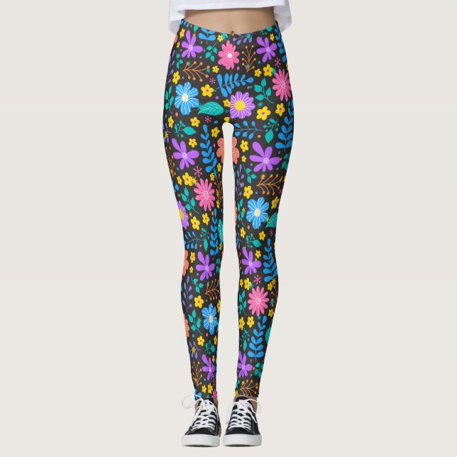 Färgglada blommor i gnistrande stjärnmönster D Grå Leggings (Framsida)