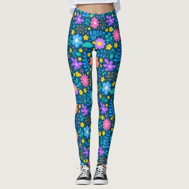 Färgglada blommor i gnistrande stjärnor mönster D  Leggings (Framsida)