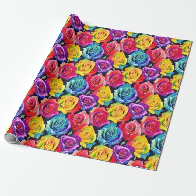 Färgglada blommor, ljusa akvarellrosor tryck presentpapper (Utrullad)