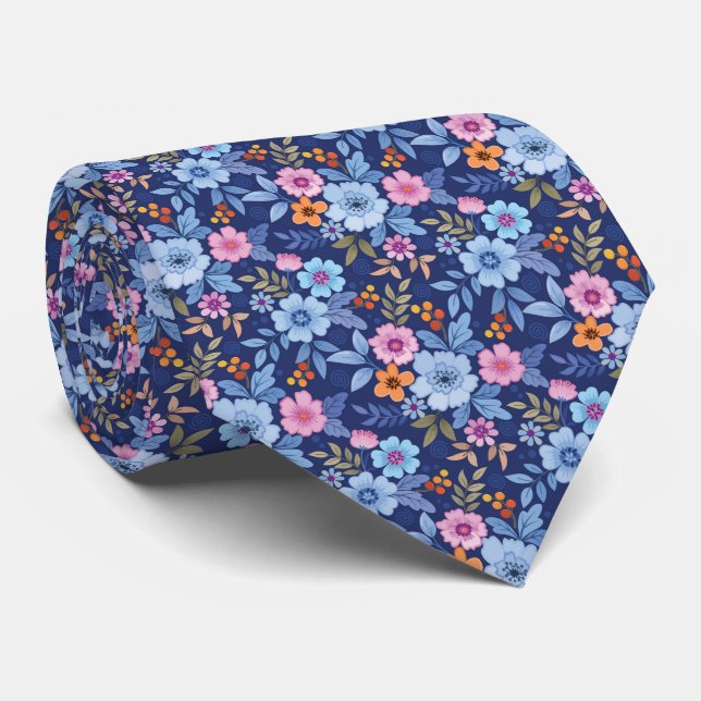 Färgglada blommor och blad på mörkblå bakgrund slips (Rullad)